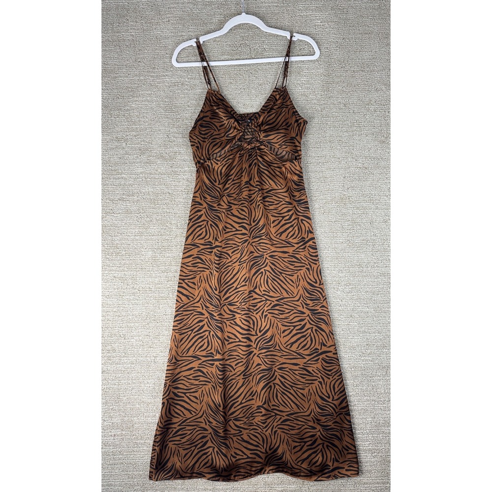 Zara Tiger Print Midi Dress Brown Black Cut Out O-Ring Satin XS Sleeveless